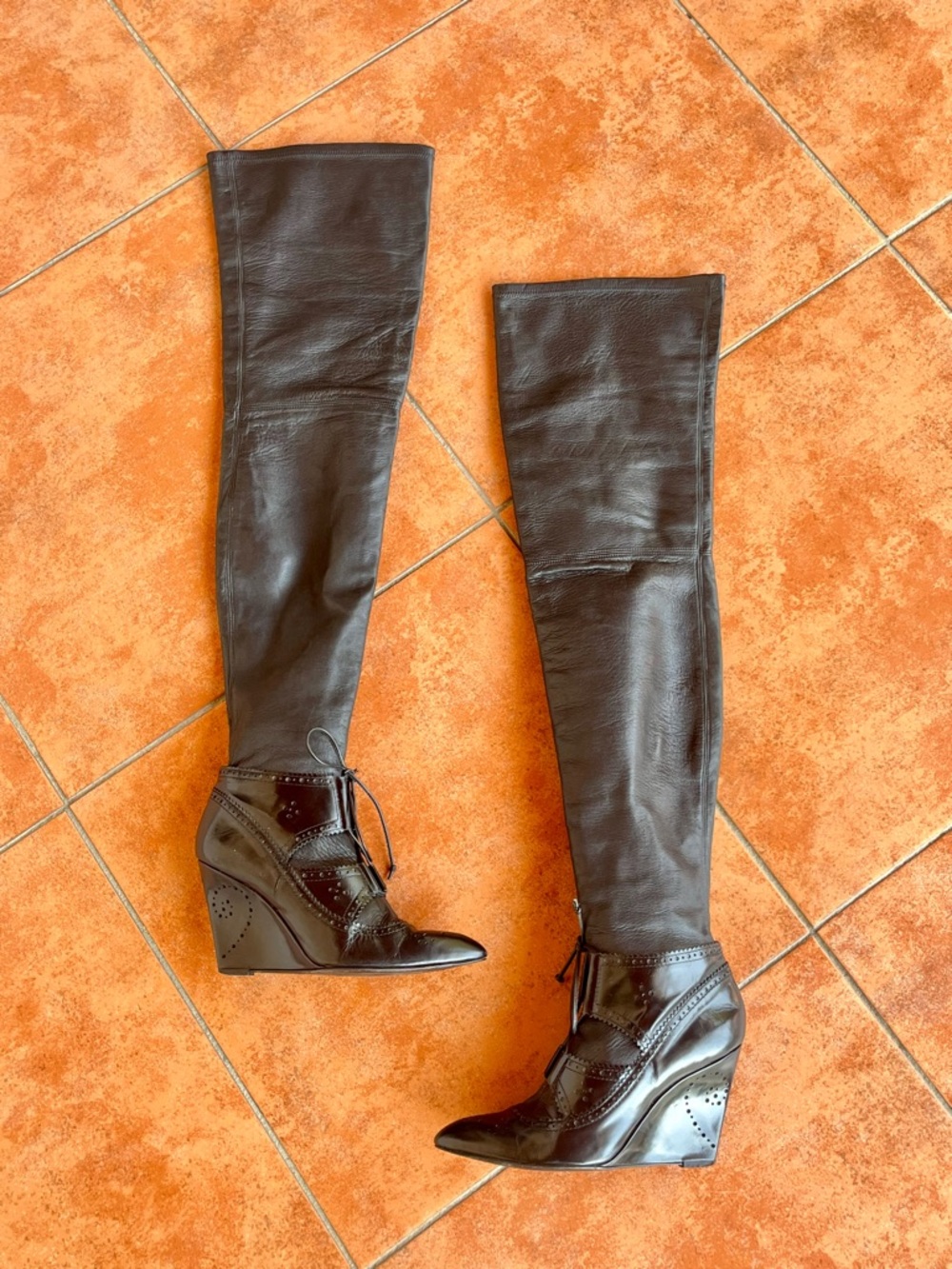 Rare Givenchy Thigh High Lace Up Leather Wedge Boots - Picture 3 of 10
